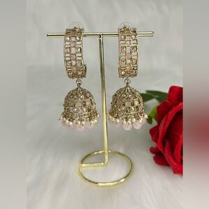 Elegant Gold and Pink Jhumka Earrings
